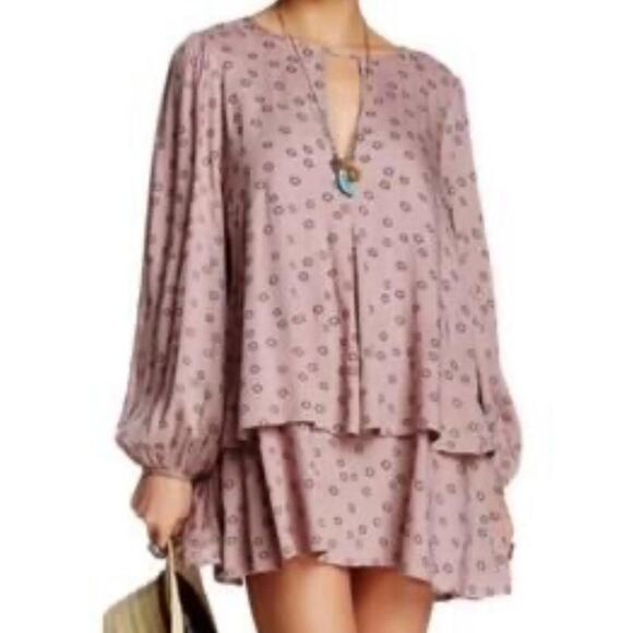FREE PEOPLE | Purple Mauve Beck Printed Tunic Mini Dress Tiered | Size Medium - Picture 1 of 7